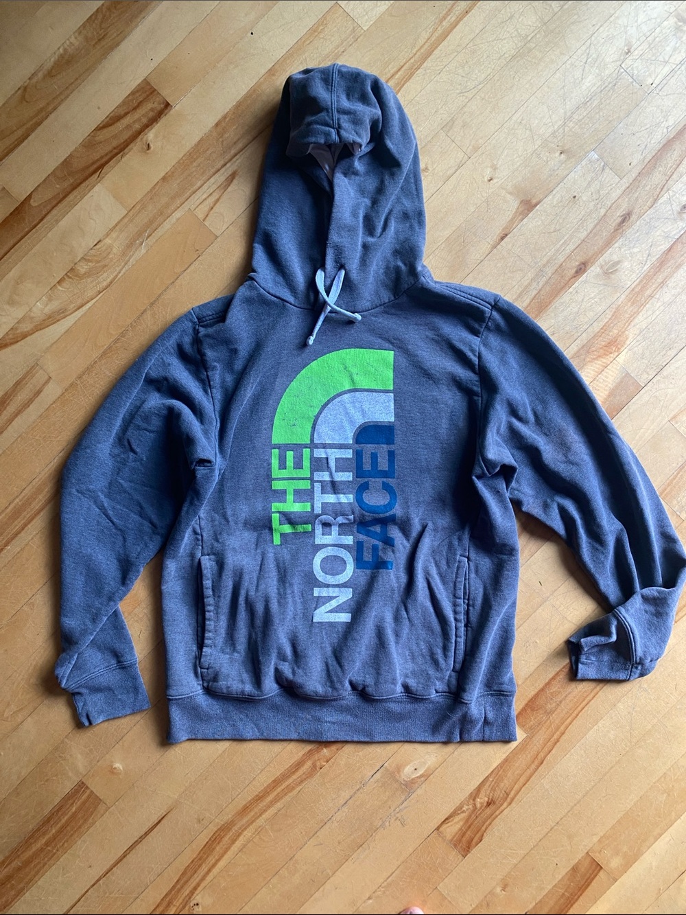 The North Face Men's Grey Hoodie with Green & Light Blue Logo size medium